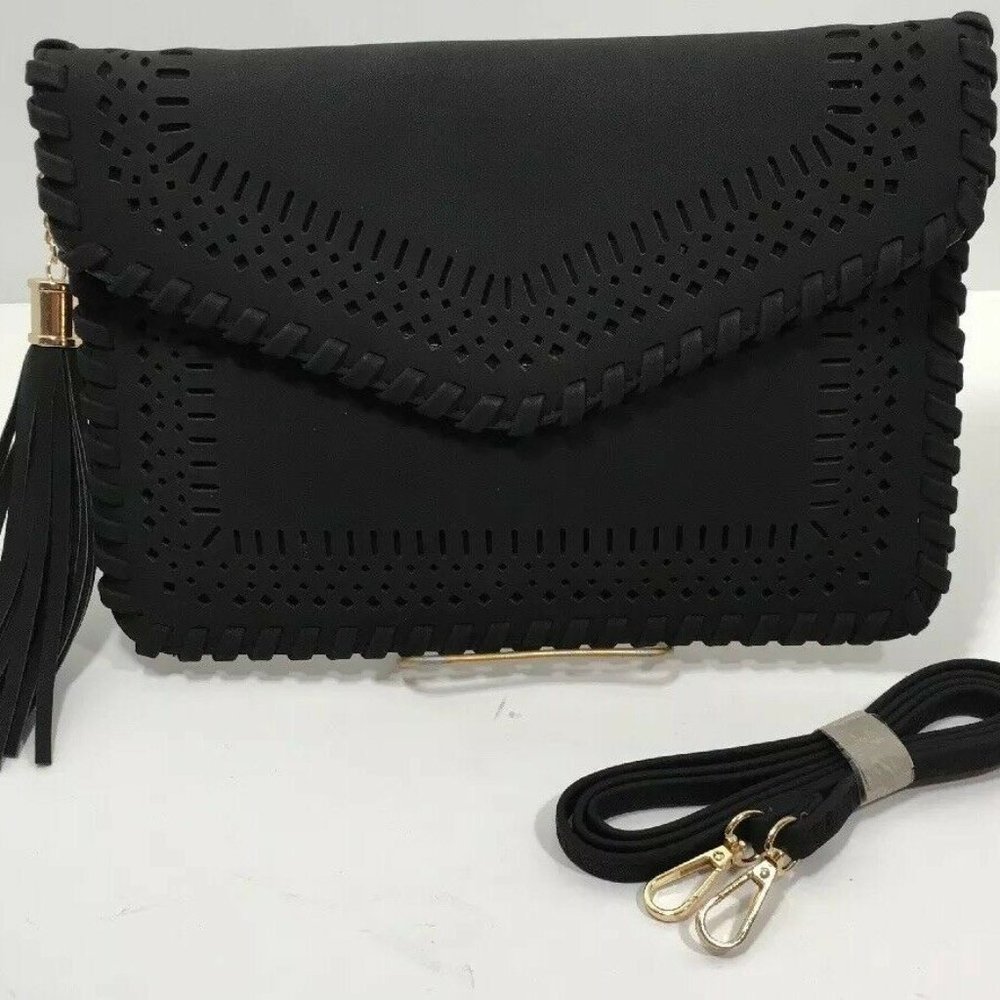 Black Perforated Clutch Handbag Purse Tassel Strap